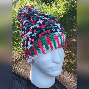 Colorful Mosaic Crochet Pom-Pom Beanie